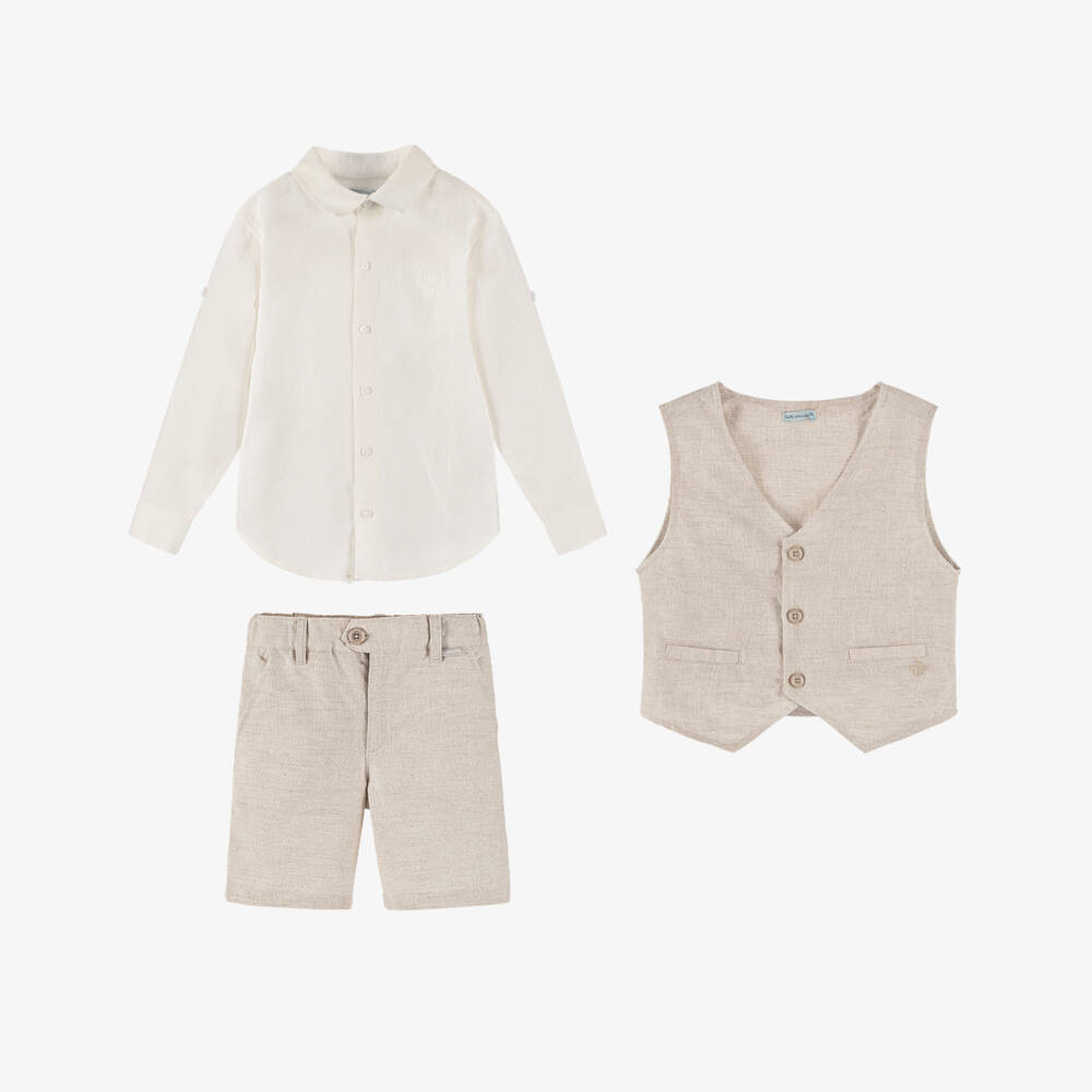 Tutto Piccolo-Boys Beige Linen Ensemble with Shorts | Childrensalon Outlet
