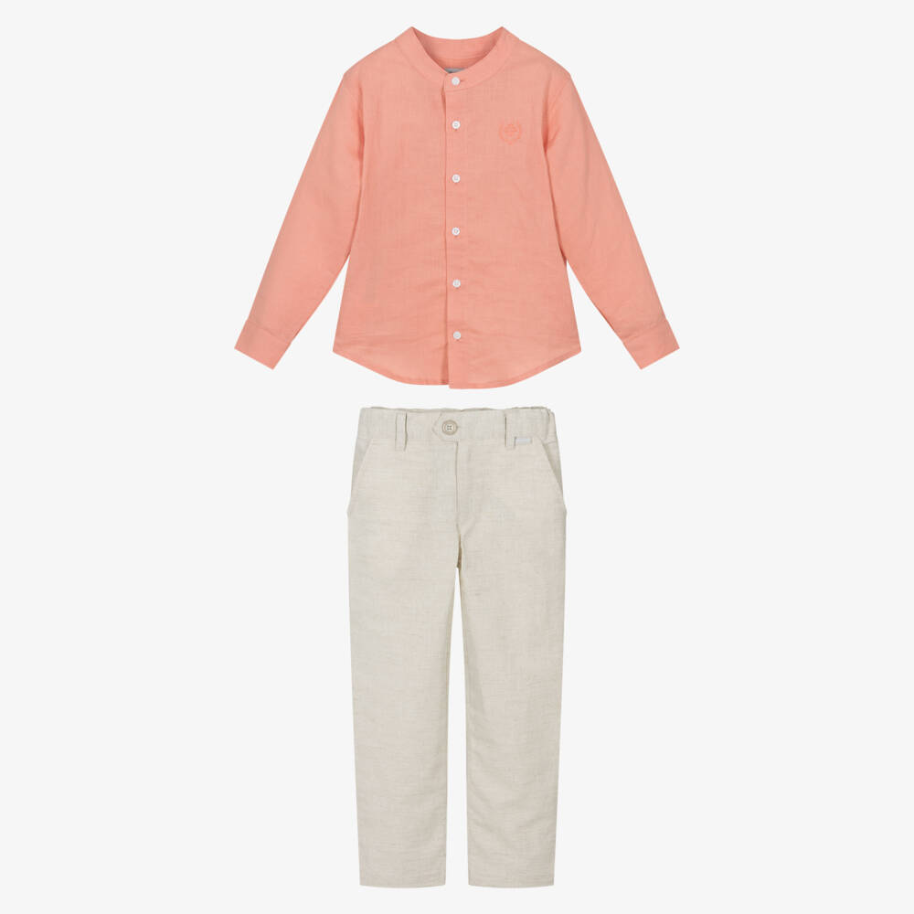 Tutto Piccolo-Boys Beige & Orange Linen Blend Set | Childrensalon Outlet