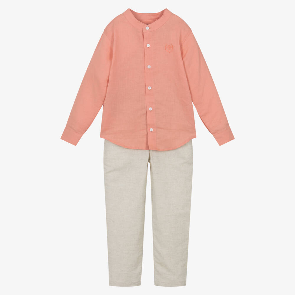Tutto Piccolo-Комплект из льна бежевый и оранжевый для мальчиков | Childrensalon Outlet
