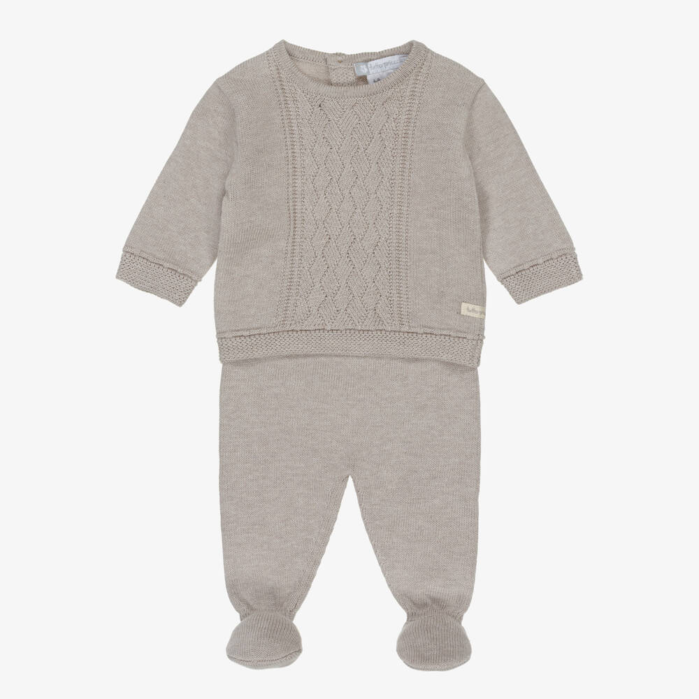 Tutto Piccolo-Boys Beige Patterned Knit 2 Piece Babygrow | Childrensalon Outlet