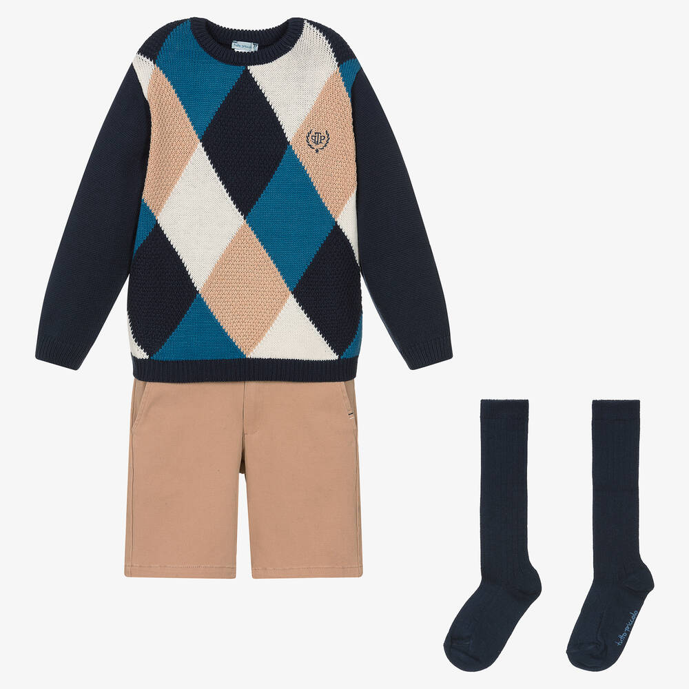 Tutto Piccolo - Baumwolltop & Shorts Set blau/beige | Childrensalon