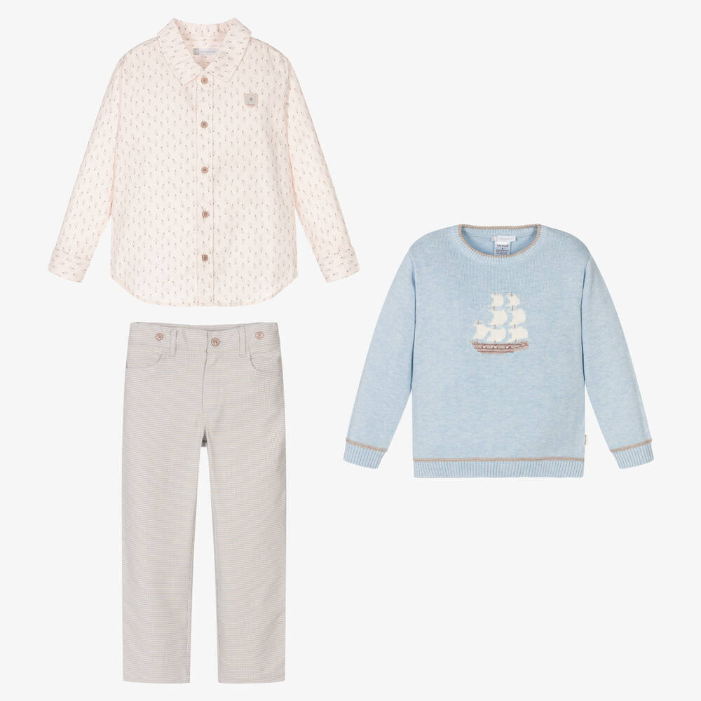 Tutto Piccolo-طقم بنطلون مزيج قطن لون أزرق وبيج | Childrensalon Outlet