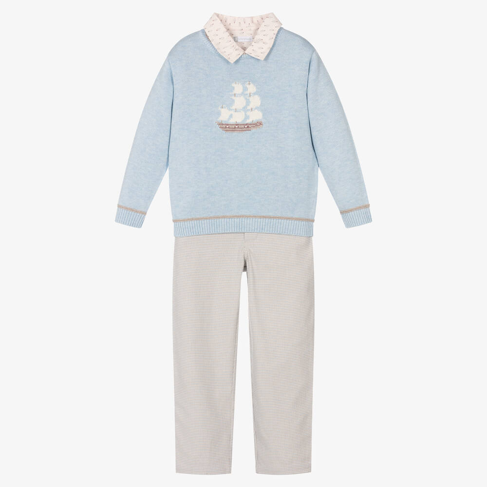 Tutto Piccolo-طقم بنطلون مزيج قطن لون أزرق وبيج | Childrensalon Outlet