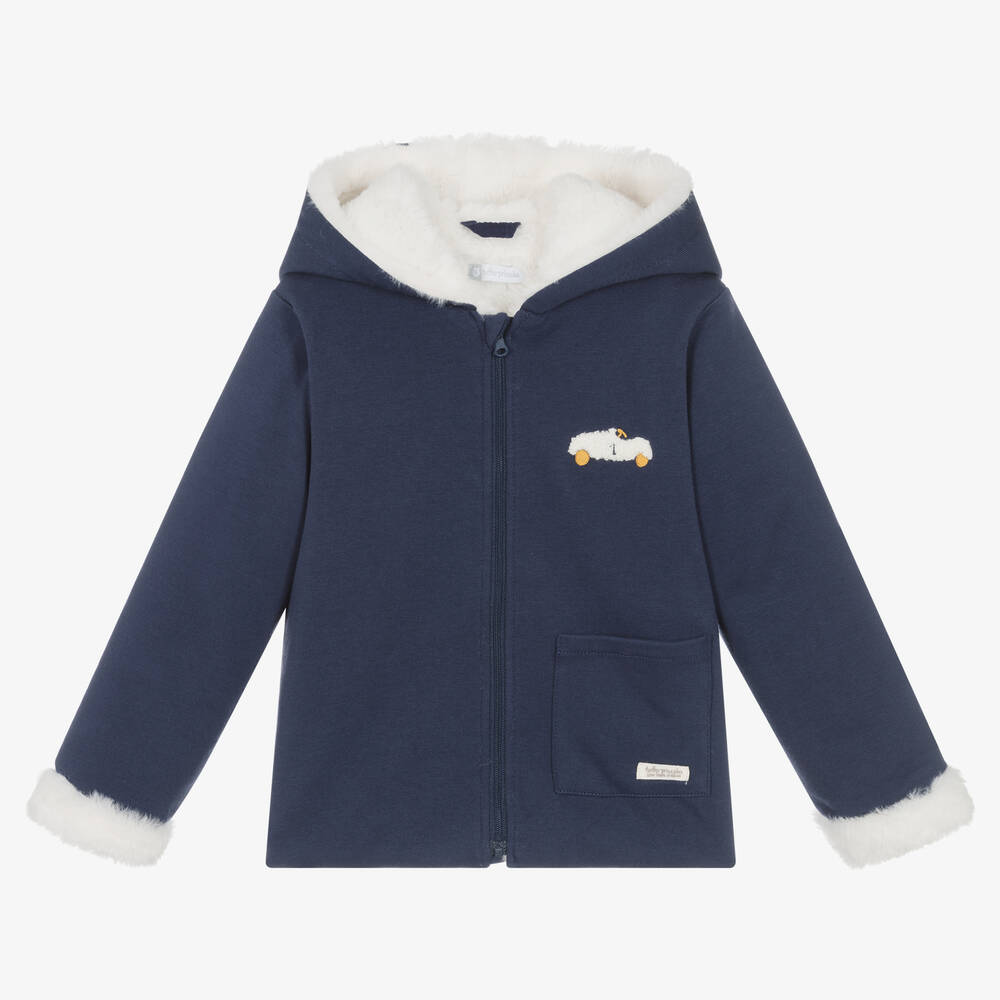 Tutto Piccolo - Blaue Kapuzenjacke aus Baumwolle und Kunstfell für Jungen | Childrensalon