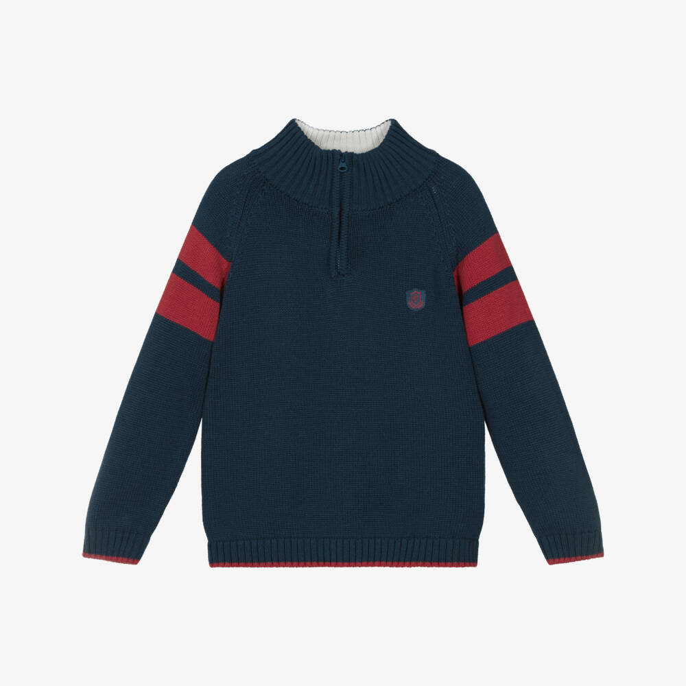 Tutto Piccolo-Boys Blue Cotton Knit Sweater with Quarter Zip | Childrensalon Outlet