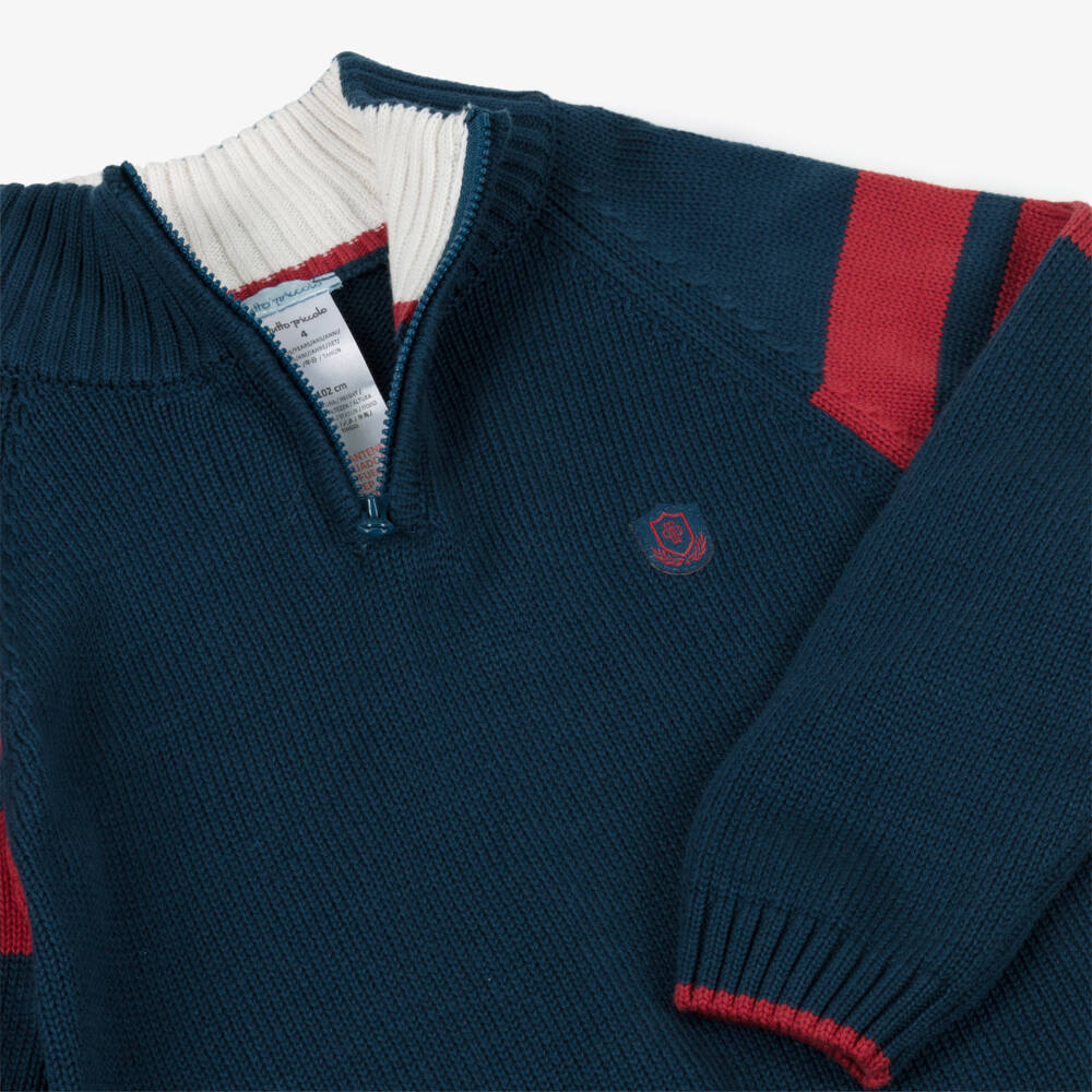 Tutto Piccolo-Boys Blue Cotton Knit Sweater with Quarter Zip | Childrensalon Outlet