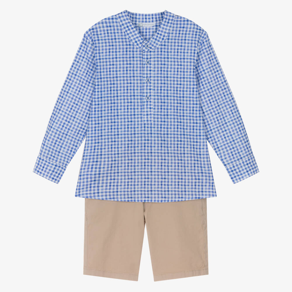 Tutto Piccolo-Boys Blue Gingham Shirt & Beige Shorts Set | Childrensalon Outlet