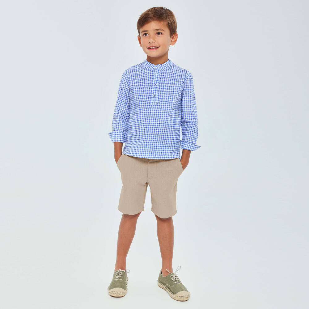 Tutto Piccolo-Boys Blue Gingham Shirt & Beige Shorts Set | Childrensalon Outlet