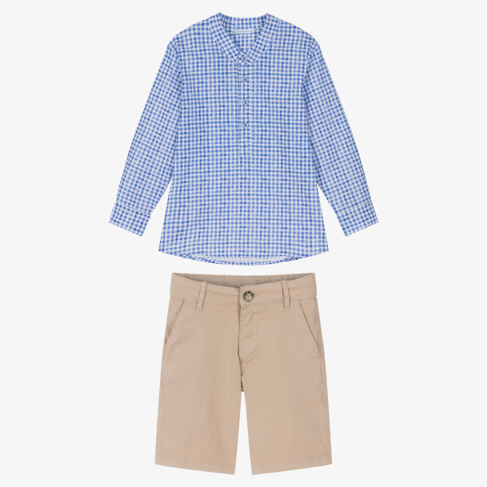 Tutto Piccolo-Boys Blue Gingham Shirt & Beige Shorts Set | Childrensalon Outlet