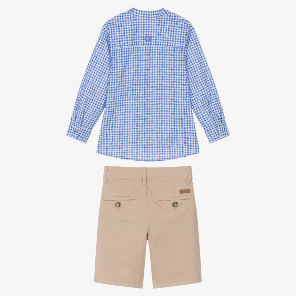 Tutto Piccolo-Boys Blue Gingham Shirt & Beige Shorts Set | Childrensalon Outlet