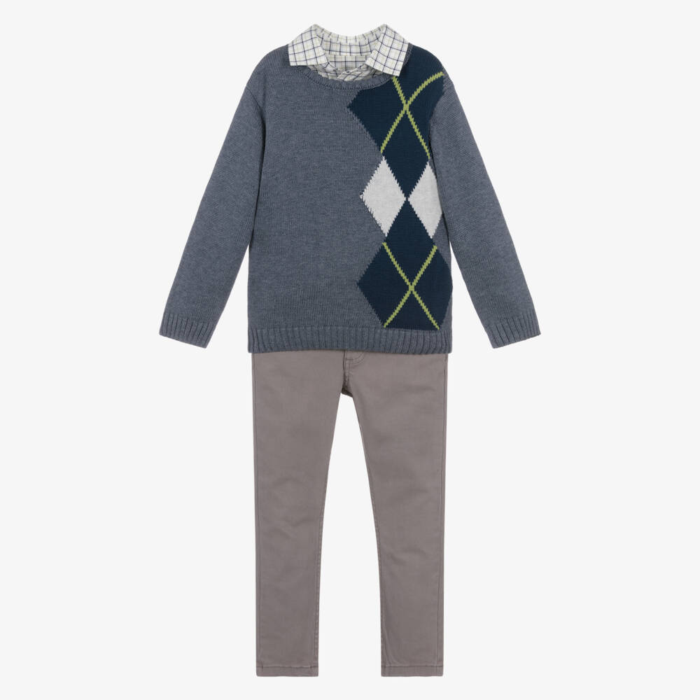 Tutto Piccolo-طقم محبوك أزرق ورمادي للأولاد | Childrensalon Outlet