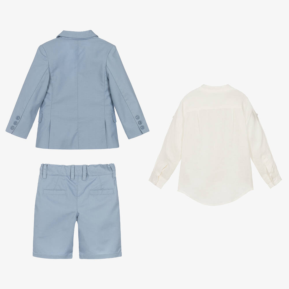 Tutto Piccolo-بدلة شورت مقلمة كتان لون أزرق وعاجي للأولاد | Childrensalon Outlet