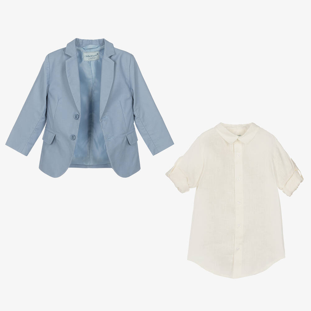 Tutto Piccolo-بدلة شورت مقلمة كتان لون أزرق وعاجي للأولاد | Childrensalon Outlet