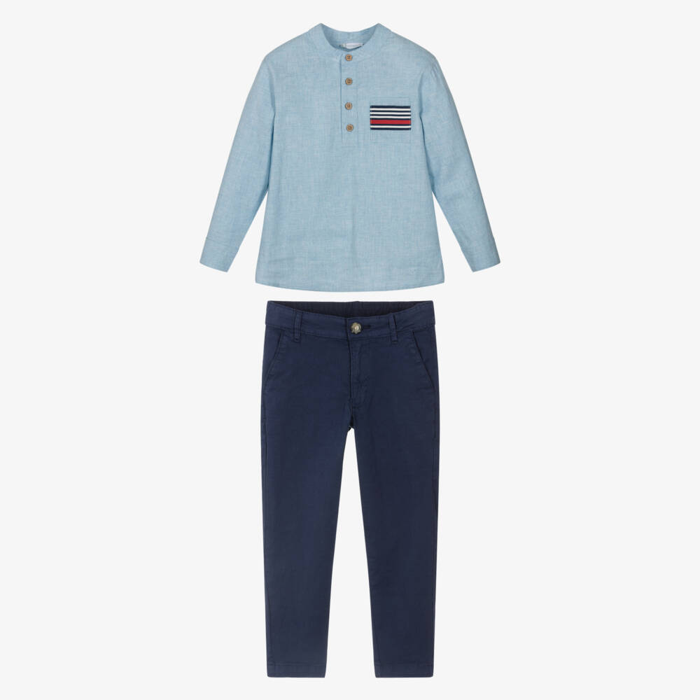 Tutto Piccolo-Boys Blue Linen & Cotton Shirt & Trouser Set | Childrensalon Outlet