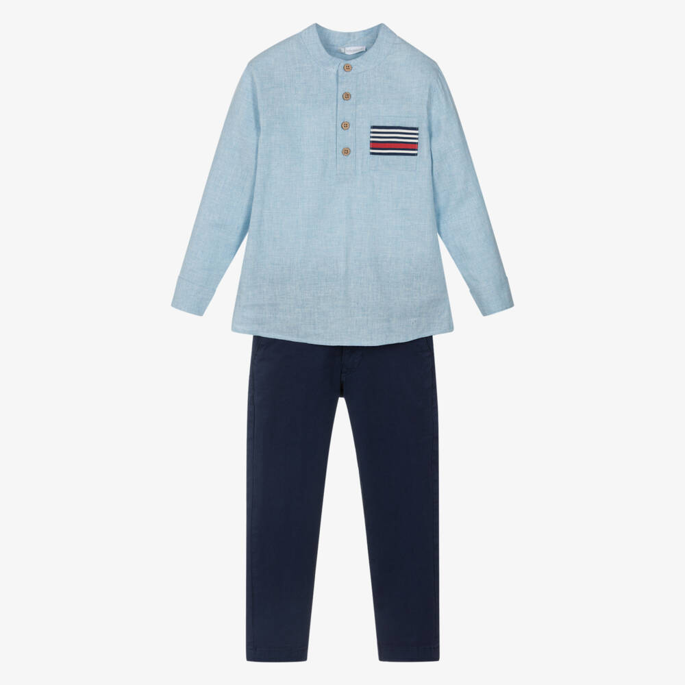Tutto Piccolo-Boys Blue Linen & Cotton Shirt & Trouser Set | Childrensalon Outlet