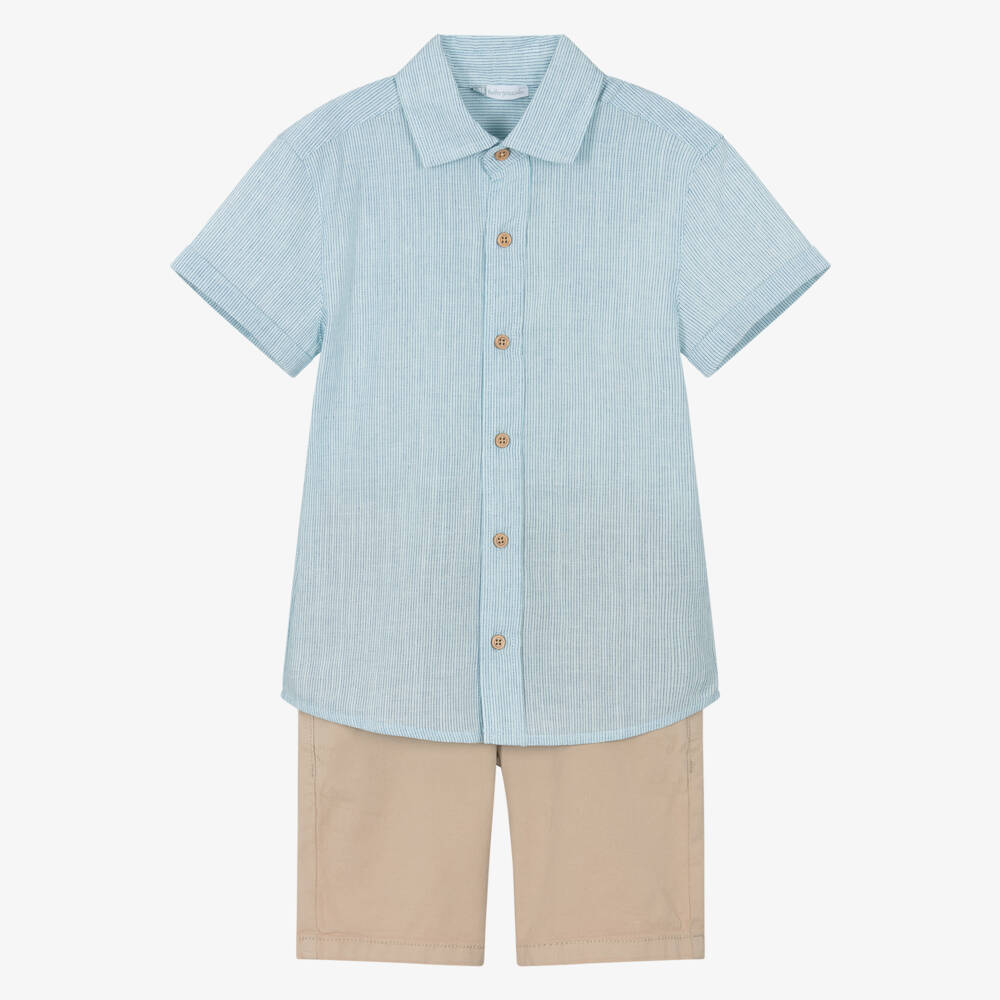Tutto Piccolo-Boys Blue Pinstripe Shirt & Beige Shorts Set | Childrensalon Outlet