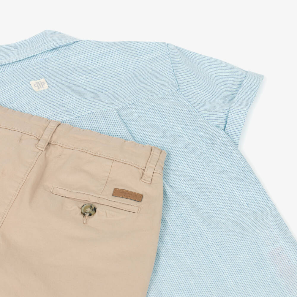 Tutto Piccolo-Boys Blue Pinstripe Shirt & Beige Shorts Set | Childrensalon Outlet