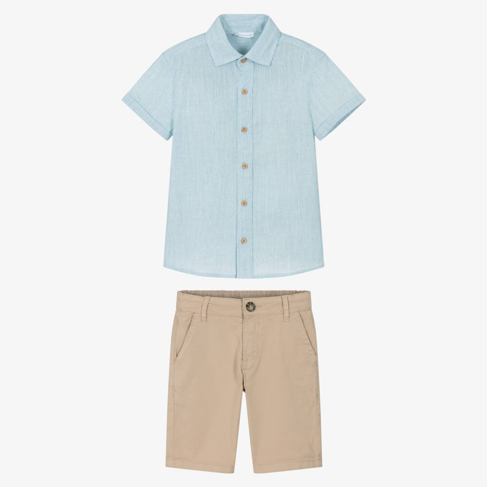 Tutto Piccolo-Boys Blue Pinstripe Shirt & Beige Shorts Set | Childrensalon Outlet
