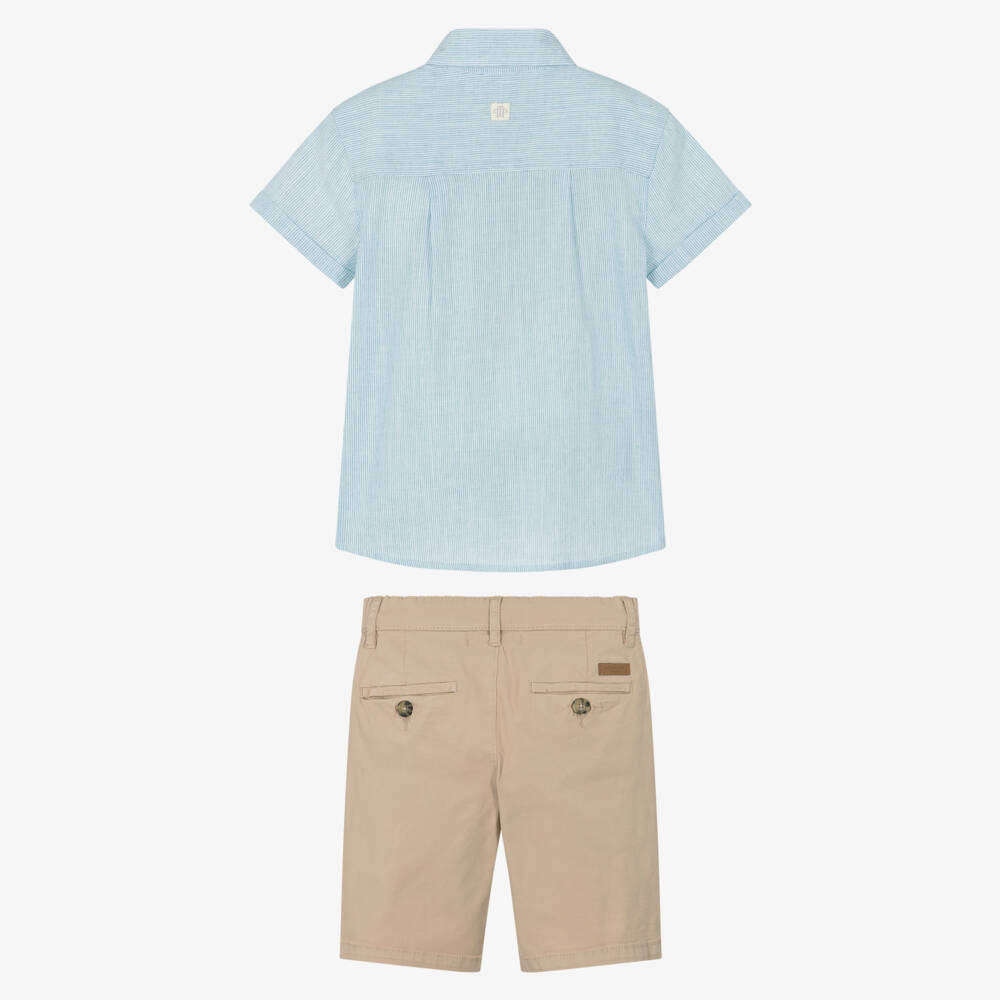 Tutto Piccolo-Boys Blue Pinstripe Shirt & Beige Shorts Set | Childrensalon Outlet