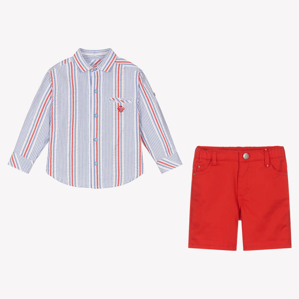 Tutto Piccolo-Голубая рубашка и красные шорты из хлопка | Childrensalon Outlet