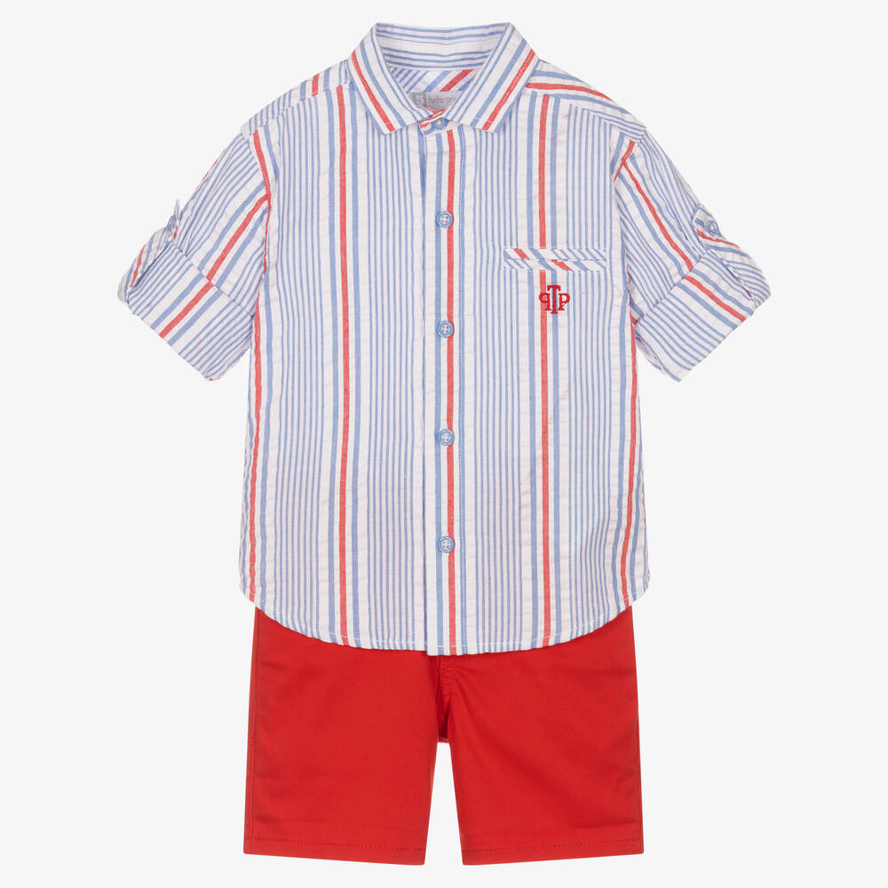 Tutto Piccolo - Голубая рубашка и красные шорты из хлопка | Childrensalon