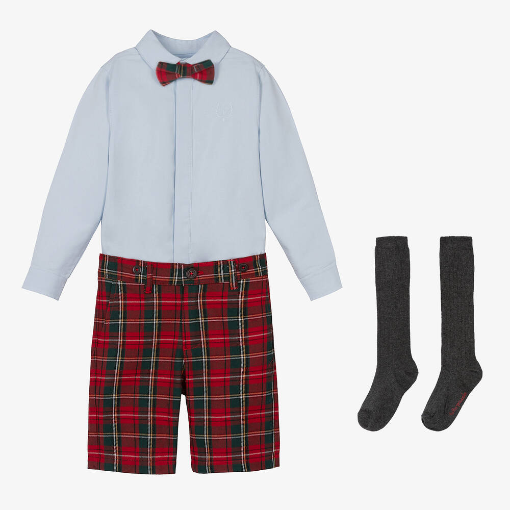 Tutto Piccolo-Голубая рубашка и красные шорты из хлопка в клетку | Childrensalon Outlet