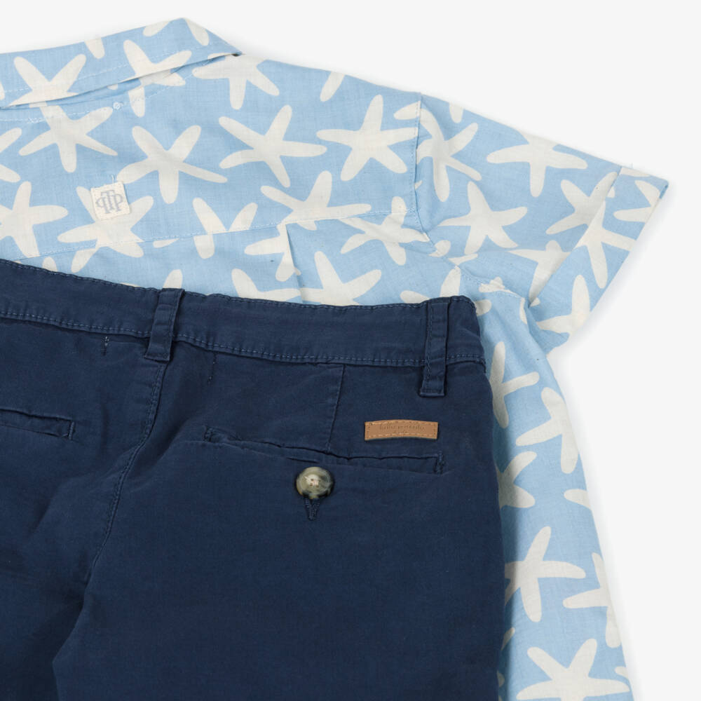Tutto Piccolo-Boys Blue Starfish Print Shirt & Navy Shorts Set | Childrensalon Outlet