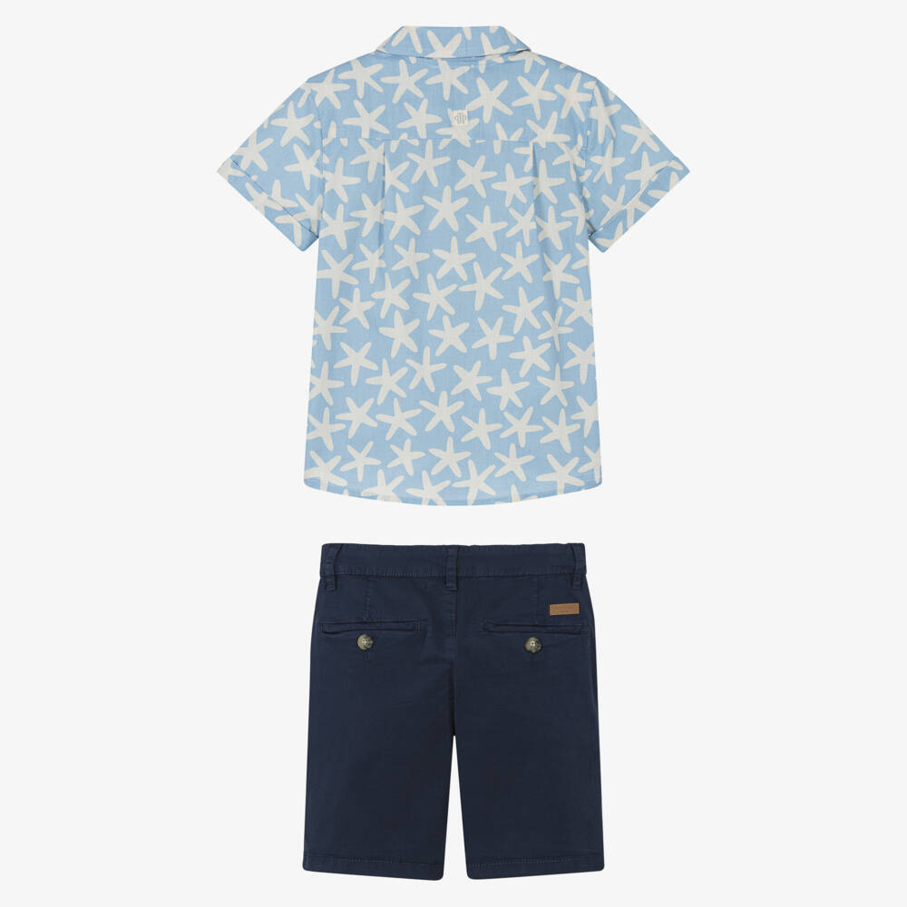Tutto Piccolo-Boys Blue Starfish Print Shirt & Navy Shorts Set | Childrensalon Outlet
