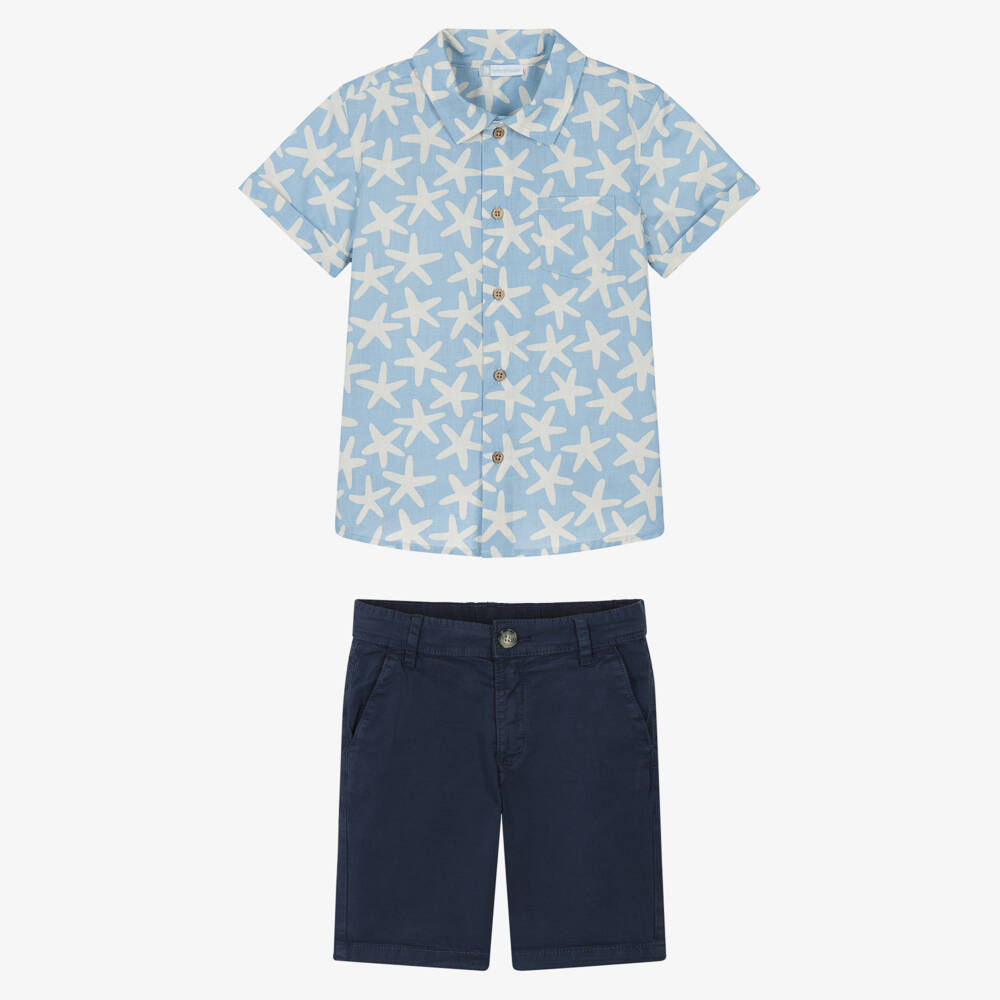 Tutto Piccolo-Boys Blue Starfish Print Shirt & Navy Shorts Set | Childrensalon Outlet
