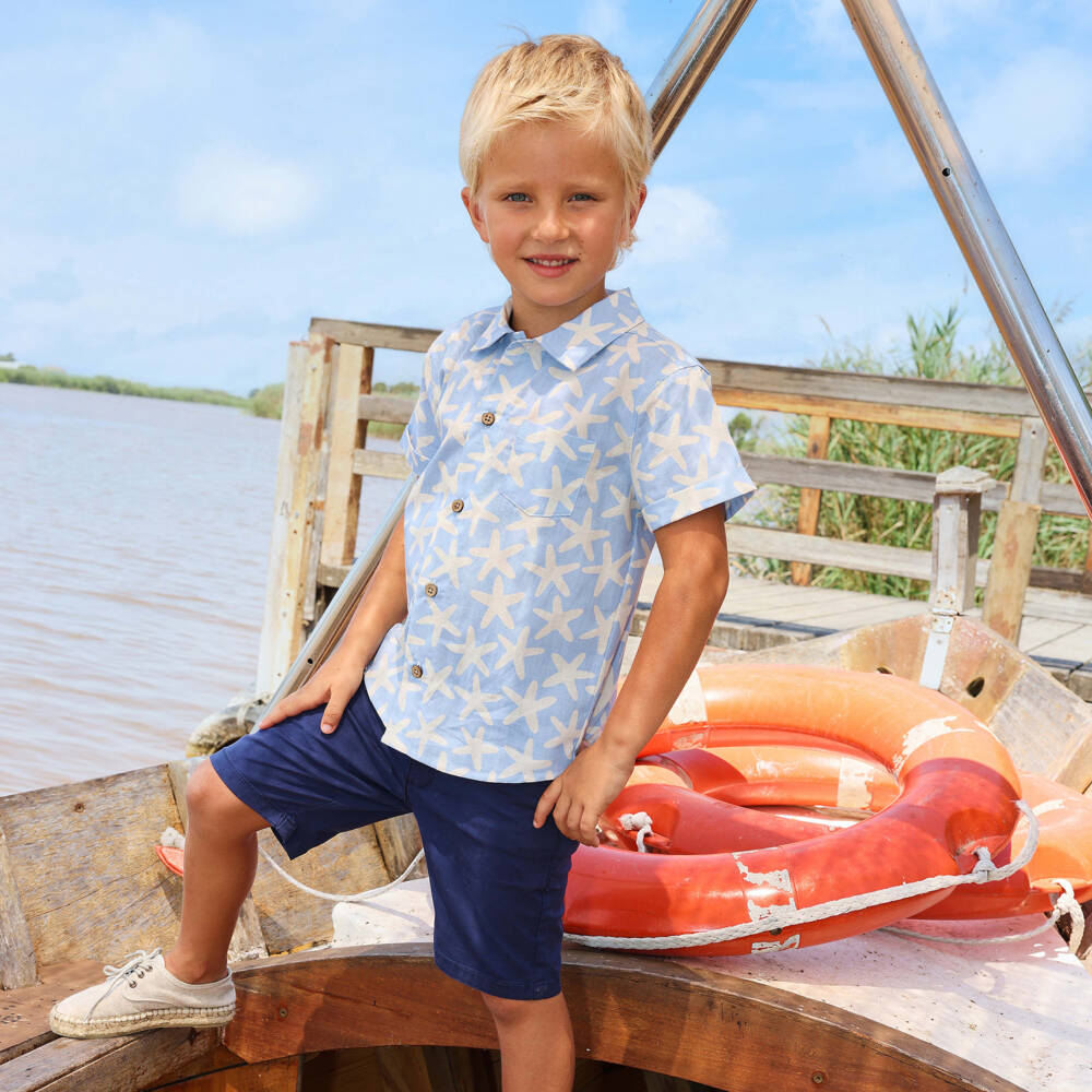 Tutto Piccolo-Boys Blue Starfish Print Shirt & Navy Shorts Set | Childrensalon Outlet