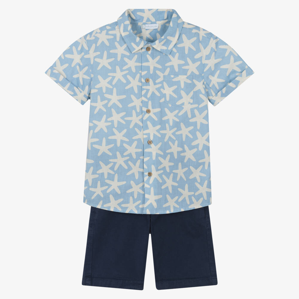 Tutto Piccolo-Boys Blue Starfish Print Shirt & Navy Shorts Set | Childrensalon Outlet
