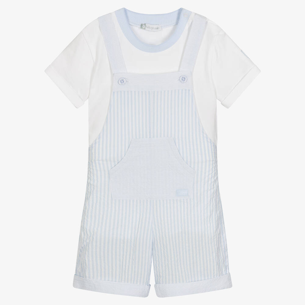 Tutto Piccolo - Boys Blue Stripe Cotton Dungaree Set | Childrensalon