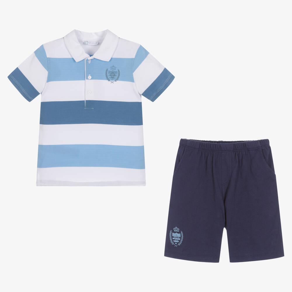 Tutto Piccolo-طقم شورت مزيج قطن مقلم لون أزرق وأبيض للأولاد | Childrensalon Outlet