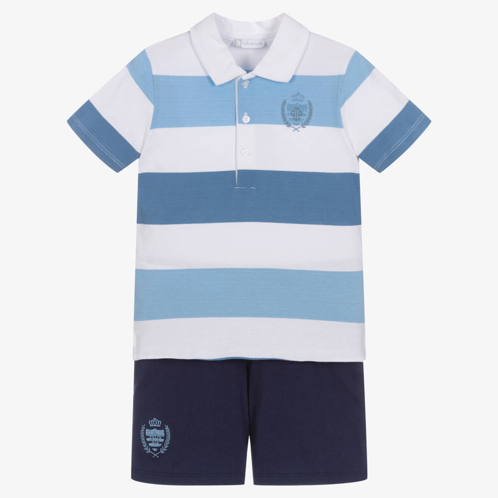 Tutto Piccolo - Рубашка поло в полоску и синие шорты из хлопка | Childrensalon