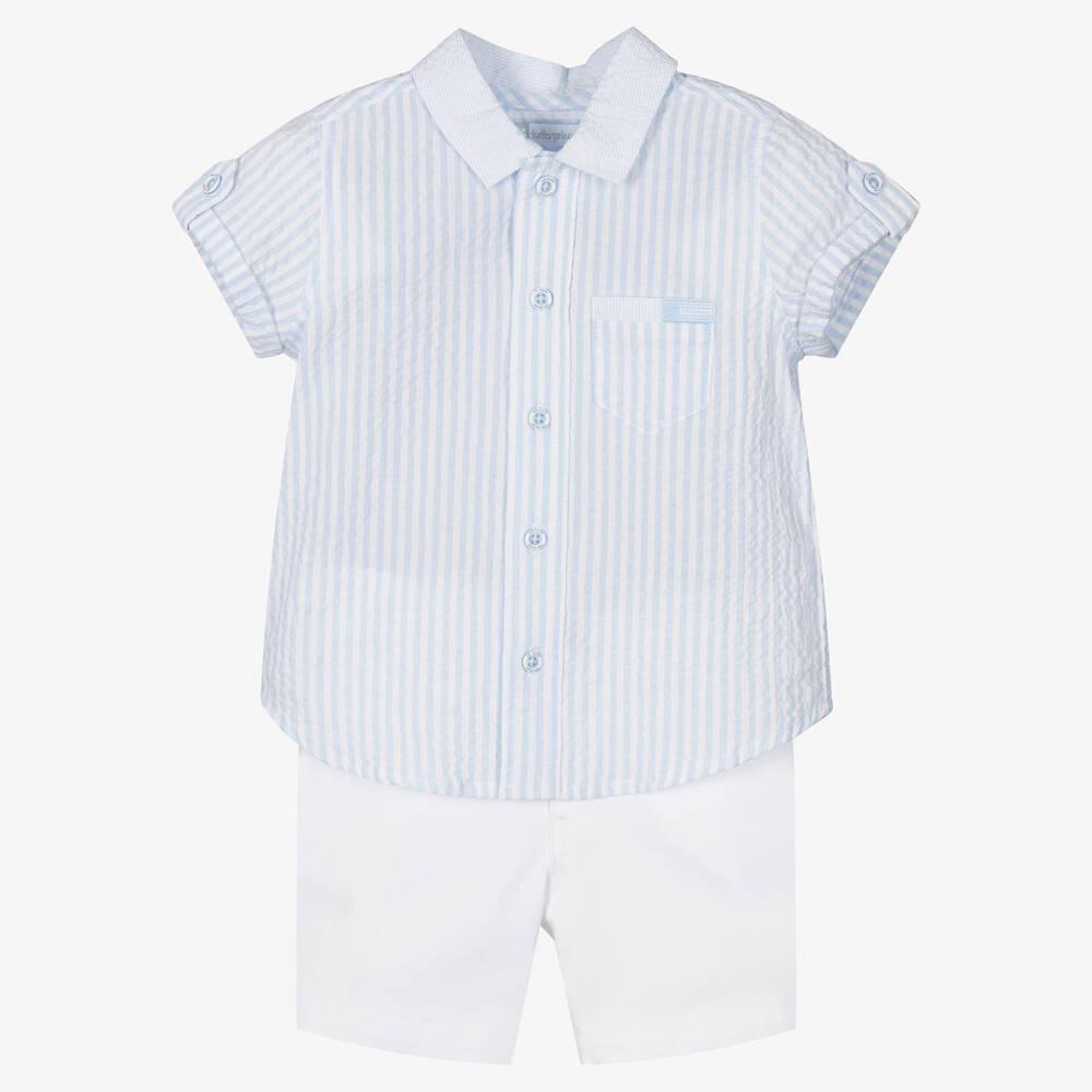 Tutto Piccolo - Boys Blue Stripe Cotton Shorts Set | Childrensalon
