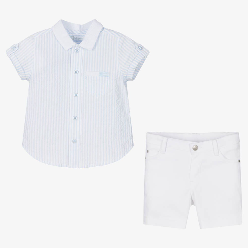 Tutto Piccolo-Boys Blue Stripe Cotton Shorts Set | Childrensalon Outlet