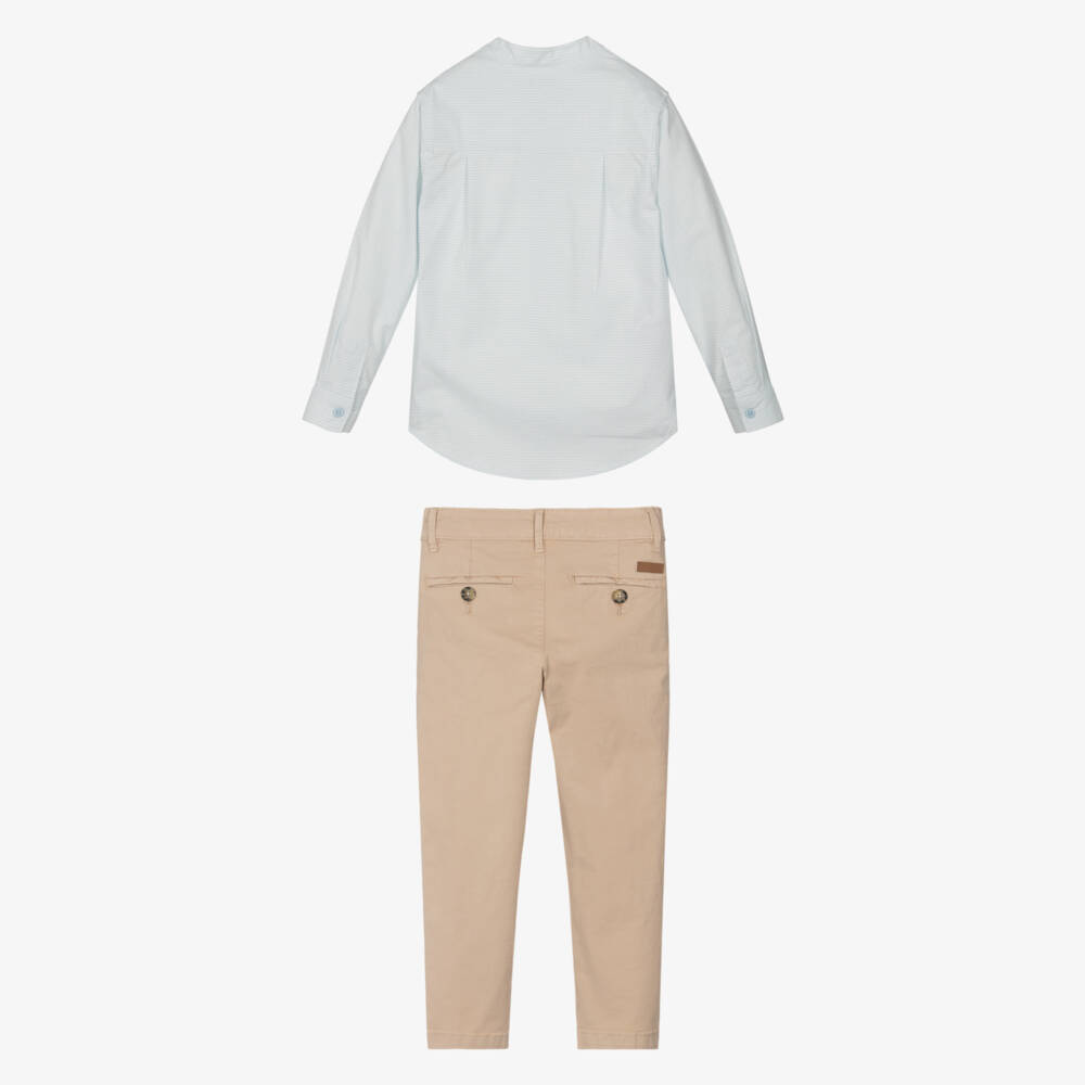 Tutto Piccolo-Boys Blue Stripe Shirt & Beige Trousers Set | Childrensalon Outlet