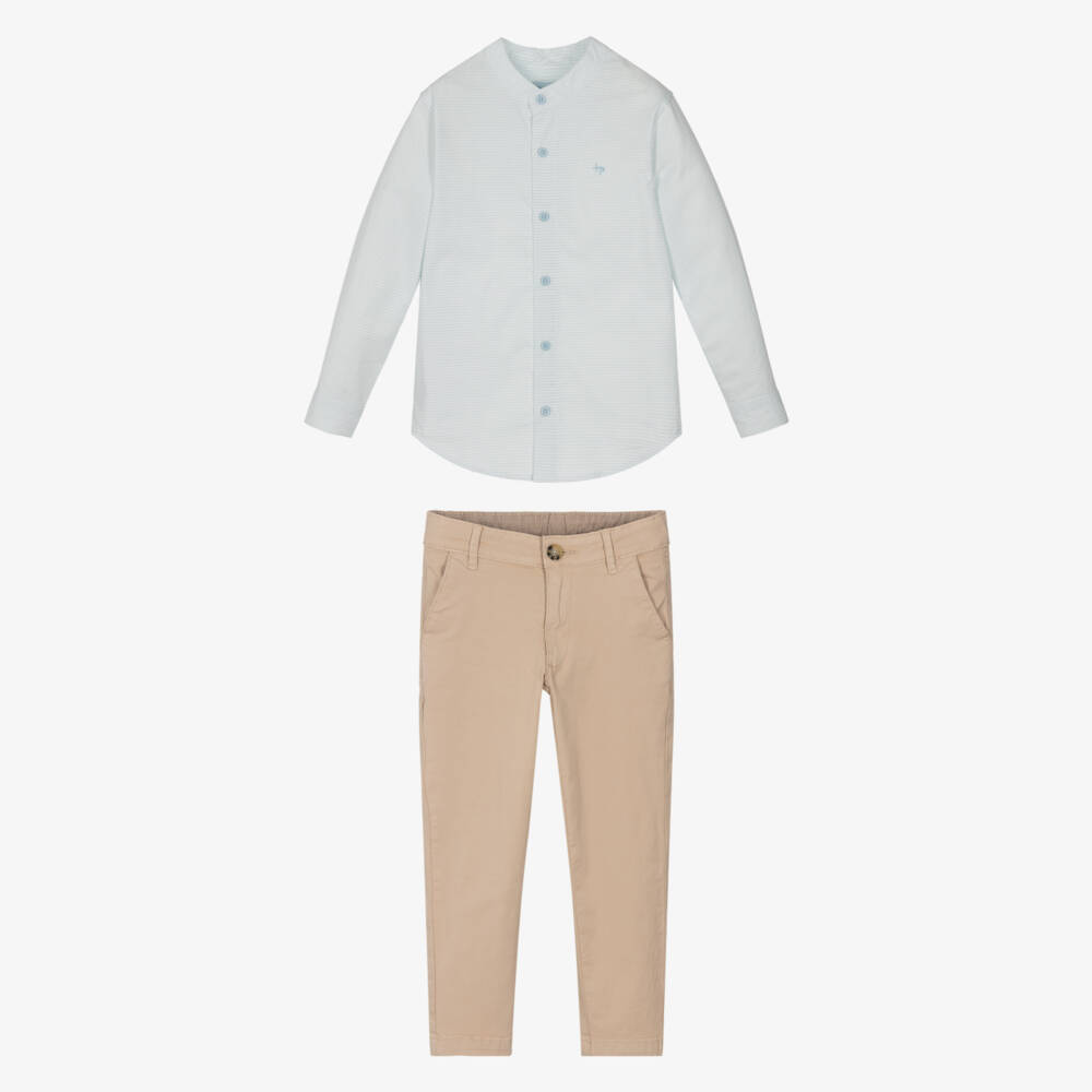 Tutto Piccolo-Boys Blue Stripe Shirt & Beige Trousers Set | Childrensalon Outlet