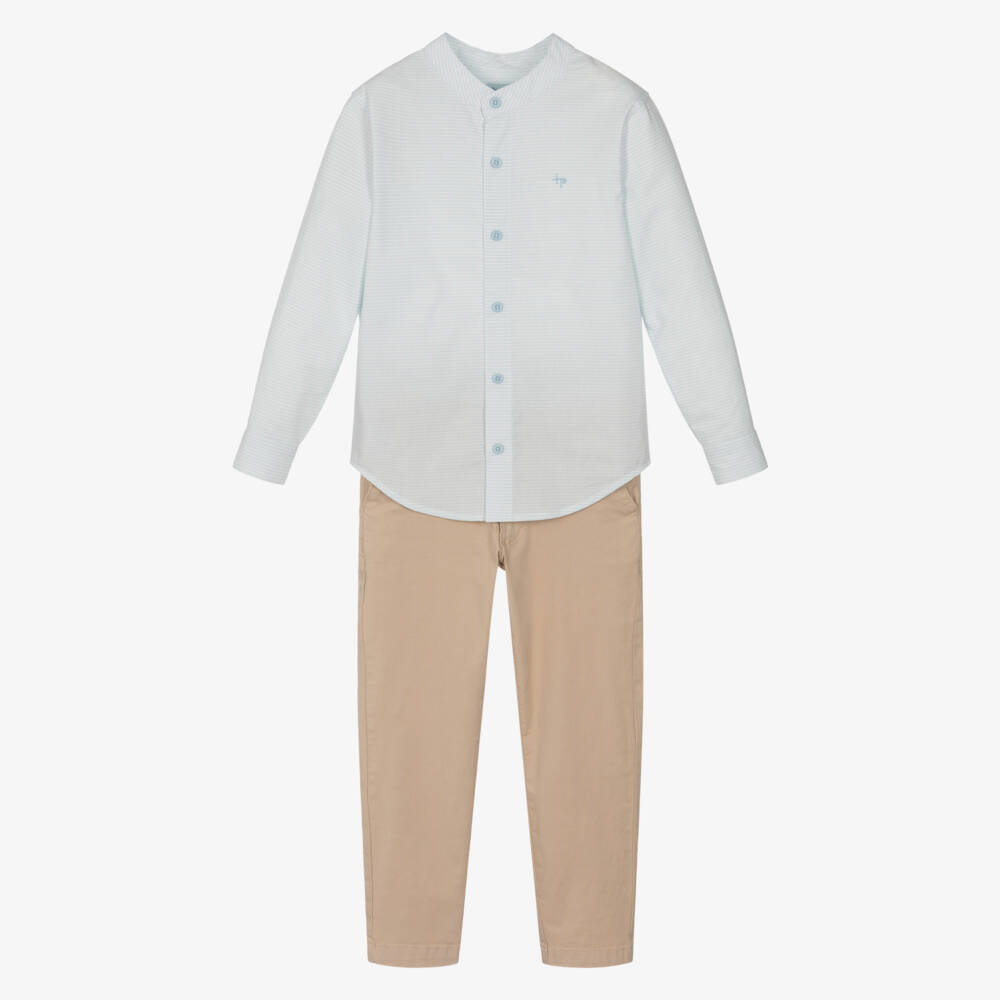 Tutto Piccolo-Boys Blue Stripe Shirt & Beige Trousers Set | Childrensalon Outlet