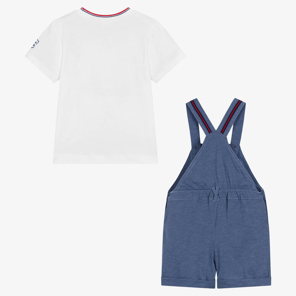 Tutto Piccolo-Белая футболка и синий полукомбинезон из хлопка | Childrensalon Outlet