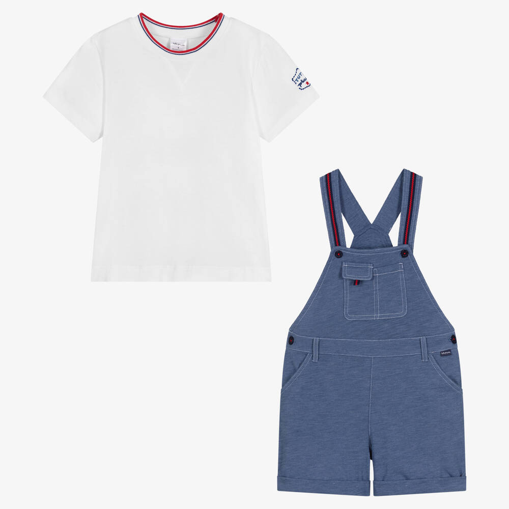 Tutto Piccolo-Белая футболка и синий полукомбинезон из хлопка | Childrensalon Outlet