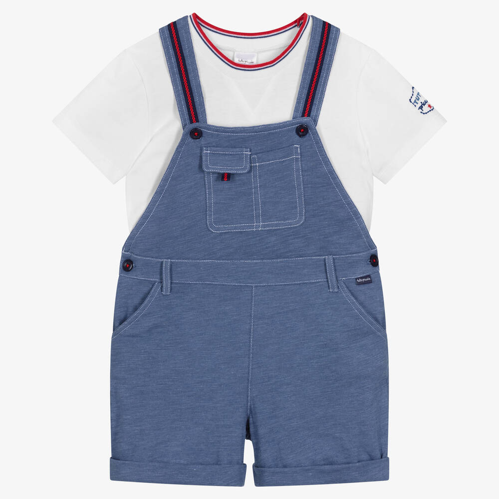 Tutto Piccolo - Белая футболка и синий полукомбинезон из хлопка | Childrensalon