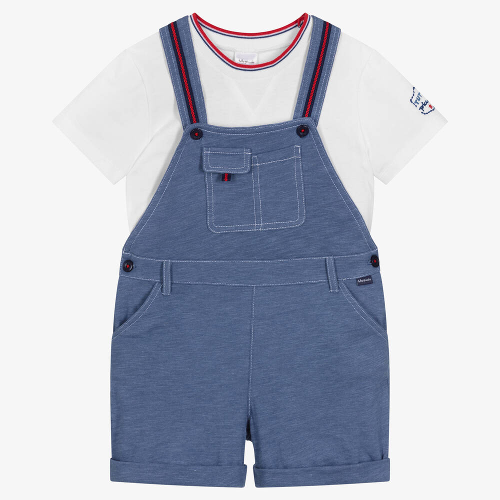 Tutto Piccolo-Белая футболка и синий полукомбинезон из хлопка | Childrensalon Outlet
