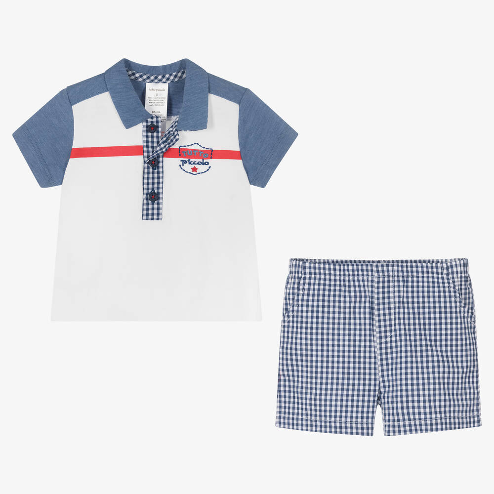 Tutto Piccolo-Белый топ и голубые шорты в мелкую клетку | Childrensalon Outlet