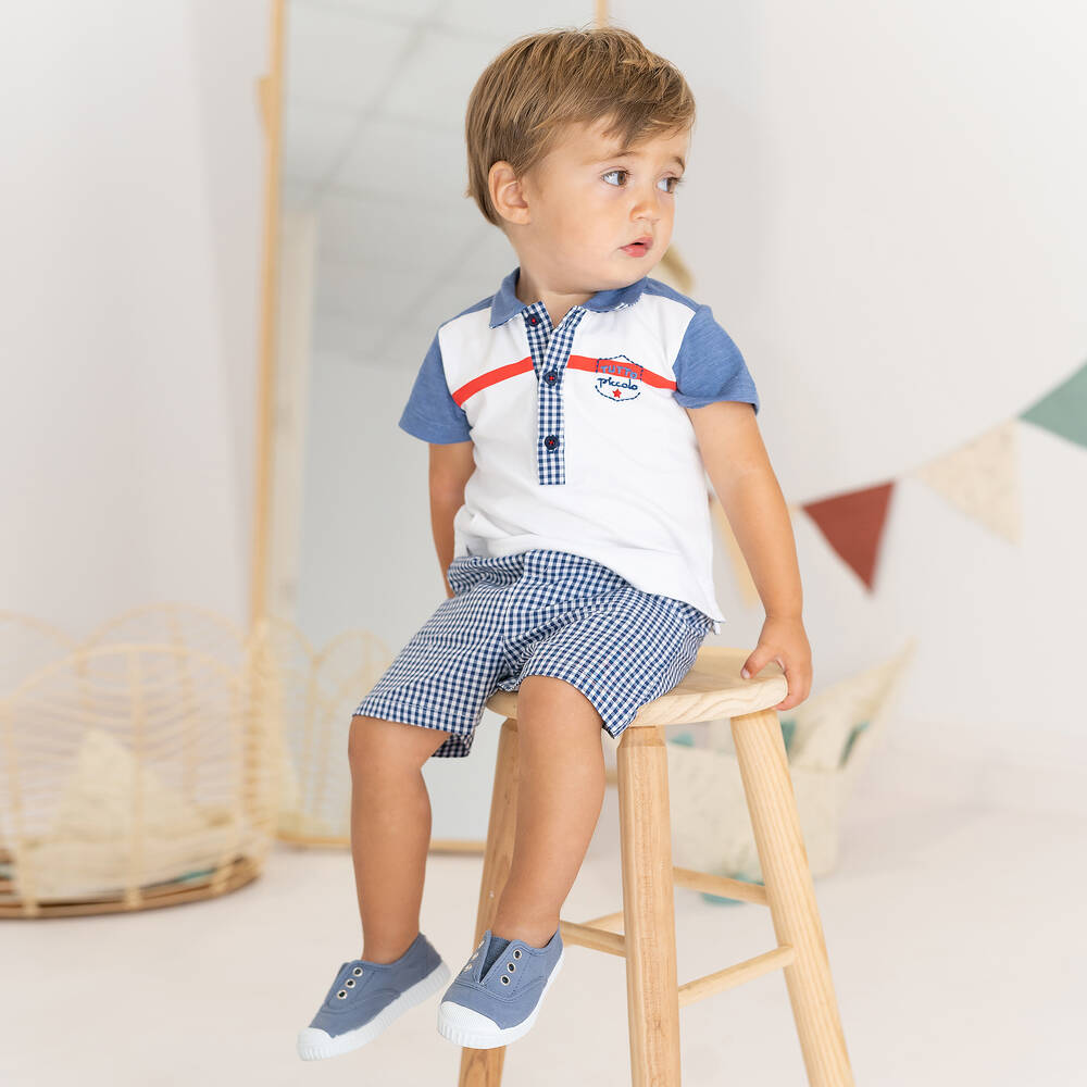 Tutto Piccolo-Белый топ и голубые шорты в мелкую клетку | Childrensalon Outlet