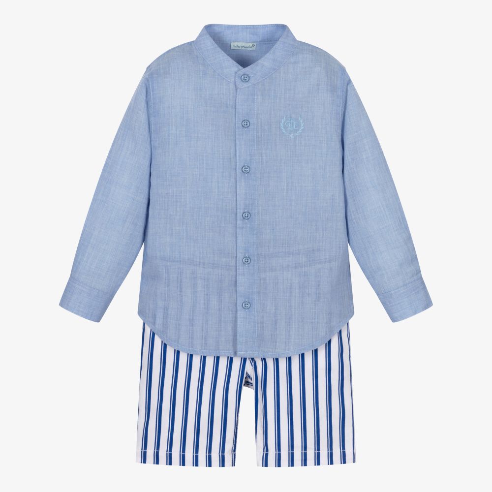 Tutto Piccolo - Boys Blue & White Shorts Set | Childrensalon