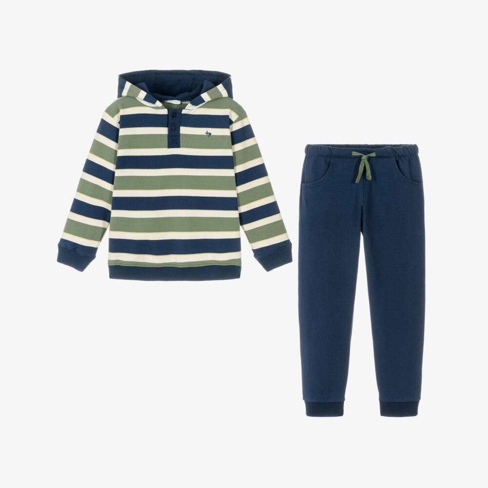 Tutto Piccolo-Boys Green & Blue Striped Cotton Tracksuit | Childrensalon Outlet