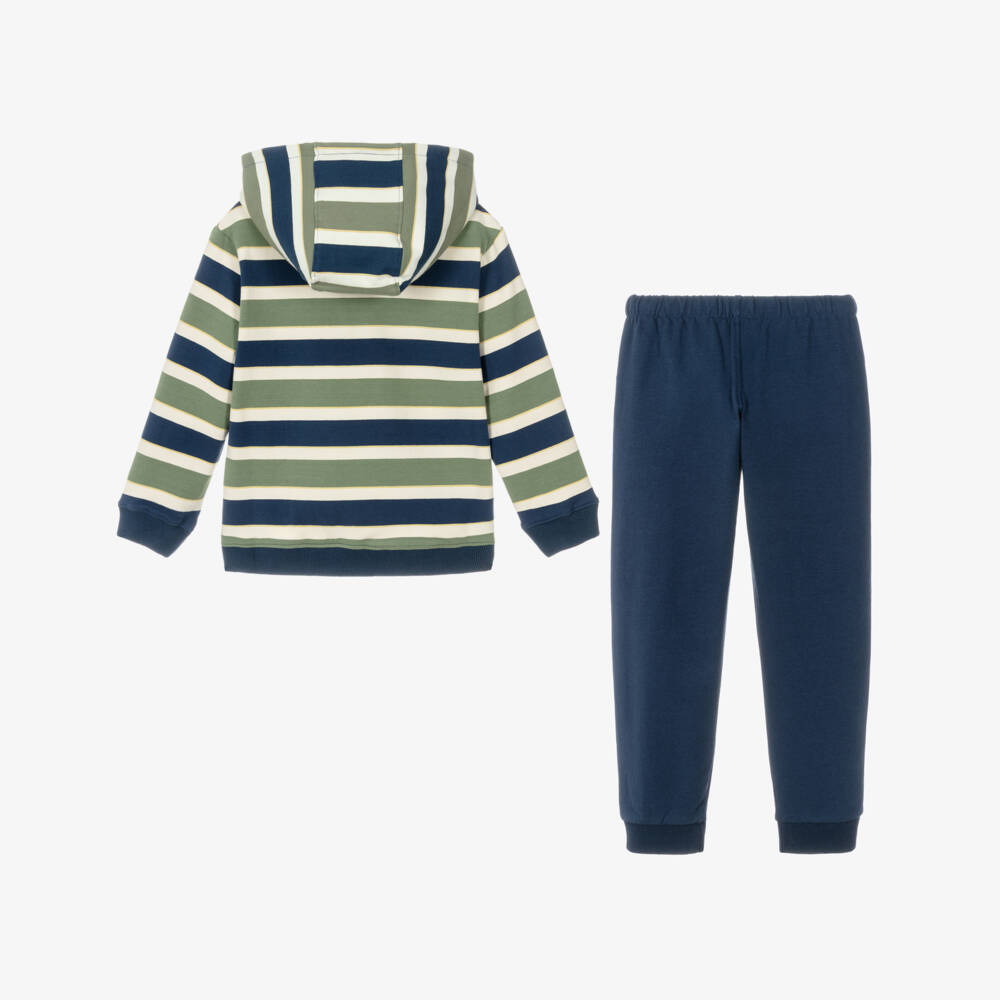 Tutto Piccolo-Boys Green & Blue Striped Cotton Tracksuit | Childrensalon Outlet