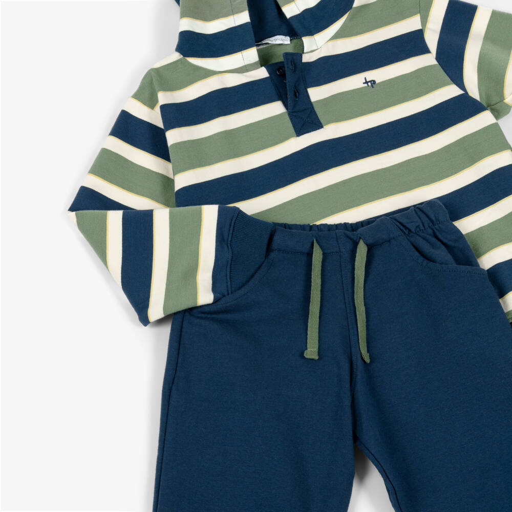 Tutto Piccolo-Boys Green & Blue Striped Cotton Tracksuit | Childrensalon Outlet