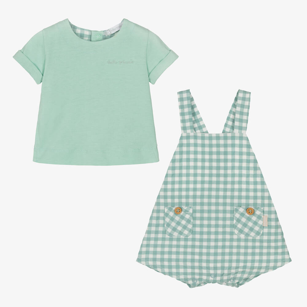 Tutto Piccolo-Boys Green Check Cotton Dungaree Shorts Set | Childrensalon Outlet